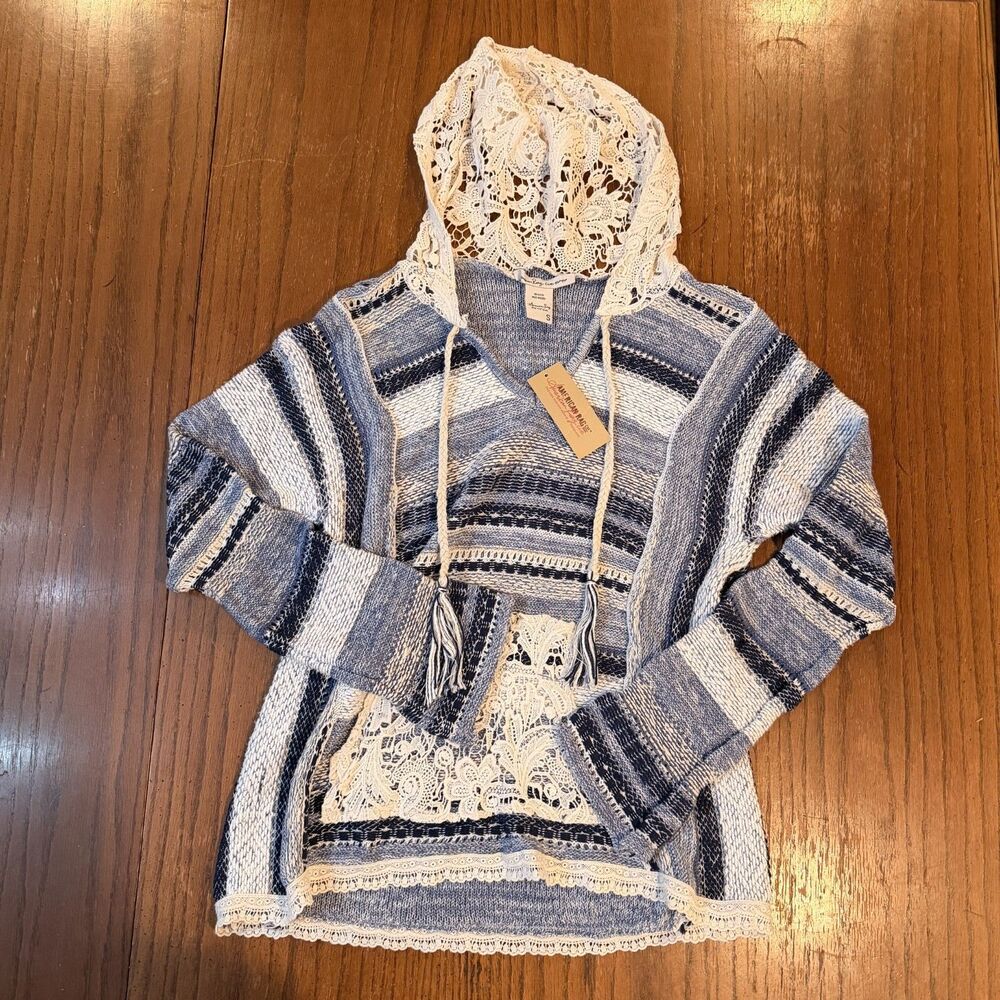 American Rag Cie Lace Hood Sweater S Indigo Striped Boho Fairycore NWT